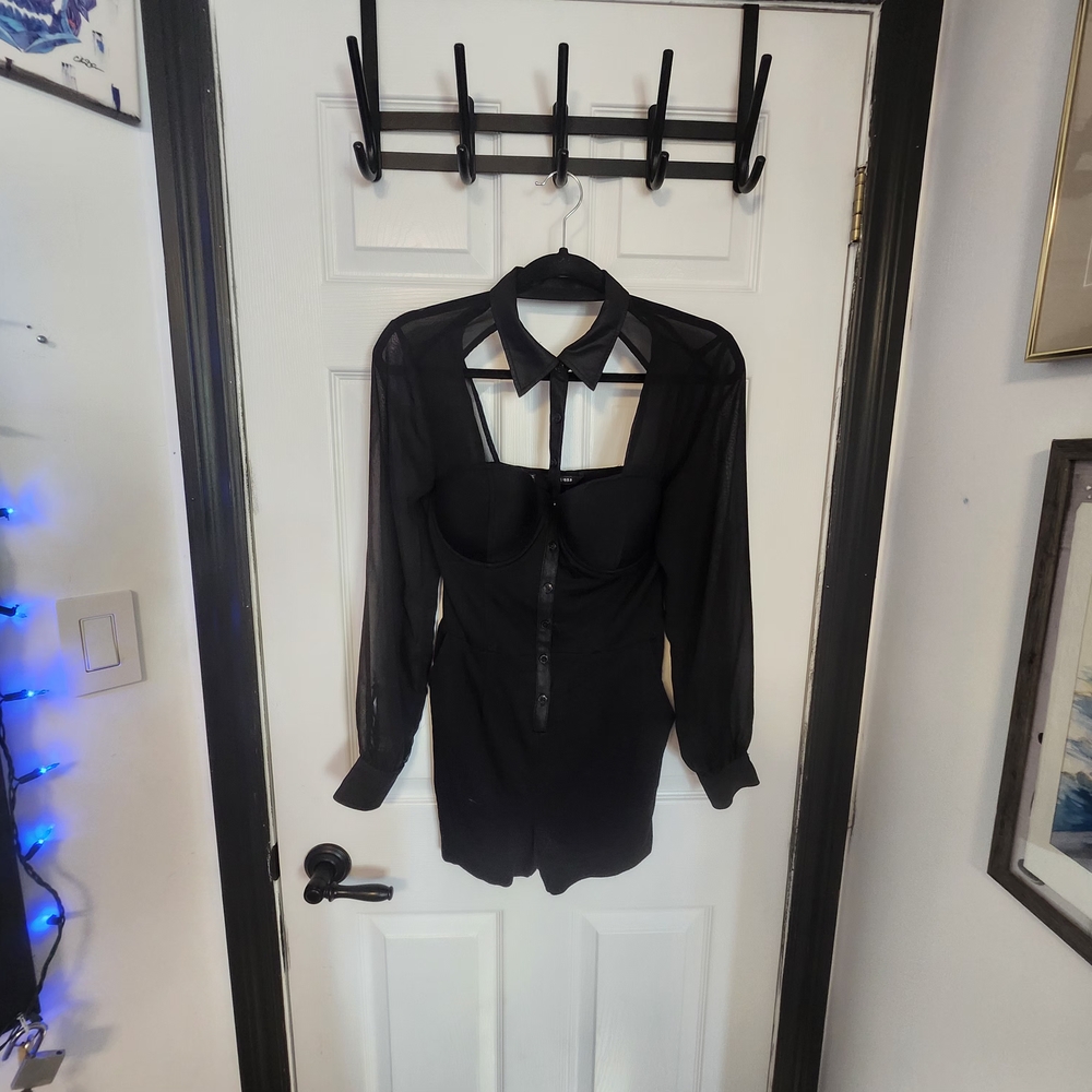 Guess Black Sheer Sleeve Bodysuit with Collar